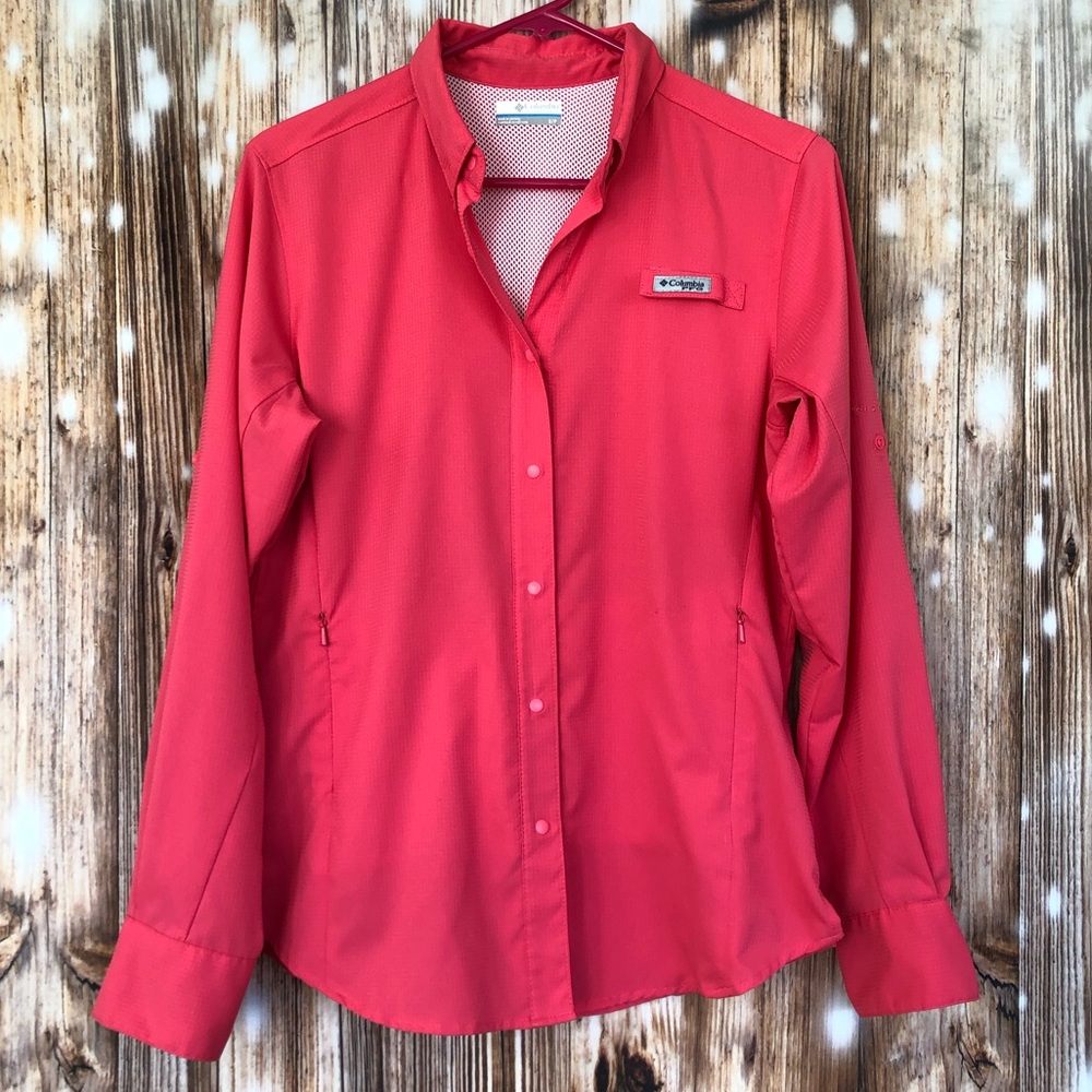 Women's Columbia PFG Hot Pink Long Sleeve Button Collared Shirt